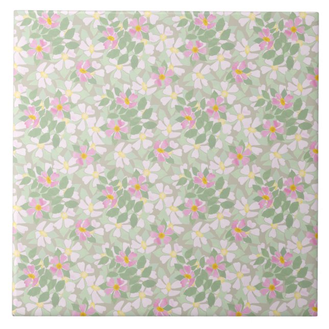 Pretty Pink Dog Roses on Taupe Pattern Tile (Front)