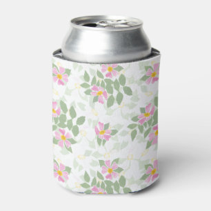 Pretty Pink Dog Roses on White Can Cooler