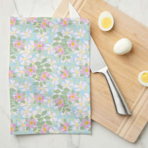 Pretty Pink Dogroses on Sky Blue Kitchen Towel