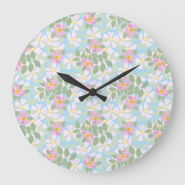Pretty Pink Dogroses on Sky Blue Round Wall Clock (Front)