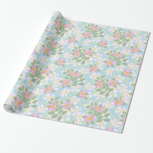 Pretty Pink Dogroses on Sky Blue Wrapping Paper