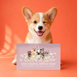 Pretty Pink Dogs in Daisies, Pet Groom, Pet Care Business Card