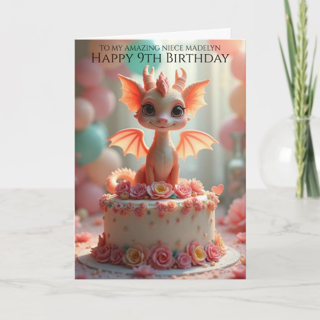 Pretty Pink Dragon Niece 9th Birthday Greeting Card (Front)