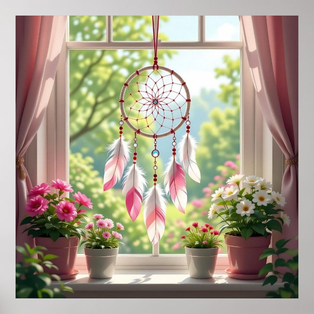 Pretty Pink Dreamcatcher and Plants Window Sill Poster (Front)