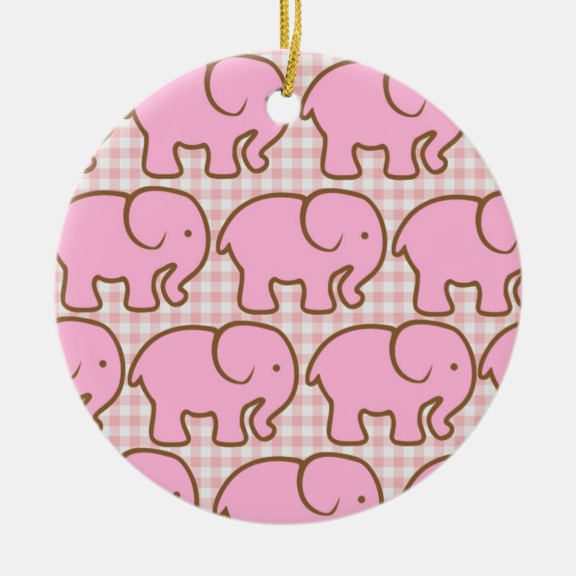 Pretty Pink Elephants on Pink Plaid Pattern Ceramic Tree Decoration (Front)