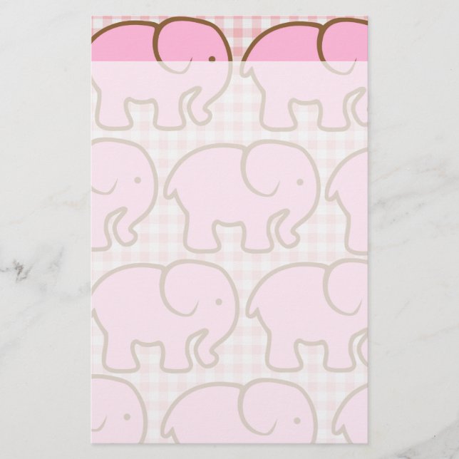 Pretty Pink Elephants on Pink Plaid Pattern Stationery (Front)