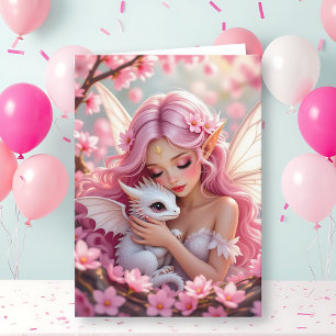Pretty Pink Elven Fairy & Dragon   Happy Birthday Card