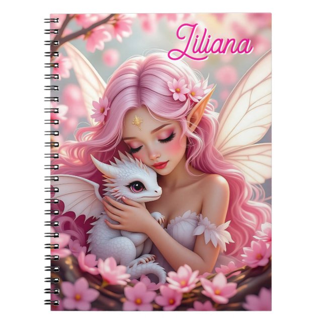 Pretty Pink Elven Fairy & Dragon Personalized Notebook (Front)