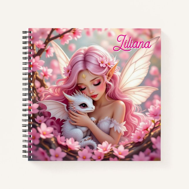 Pretty Pink Elven Fairy & Dragon Personalized Notebook (Front)