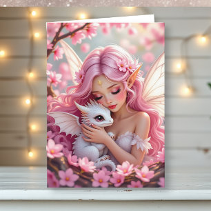 Pretty Pink Elven Fairy & Dragon   Thinking of You Card