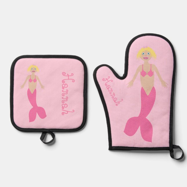 Pretty Pink Fantasy Mermaid Custom Name Oven Mitt & Pot Holder Set (Front)