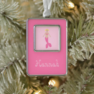 Pretty Pink Fantasy Mermaid Custom Name Silver Plated Framed Ornament