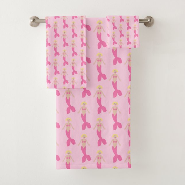 Pretty Pink Fantasy Mermaid Patterned Bath Towel Set (Insitu)