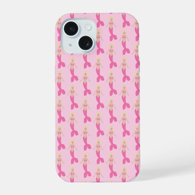 Pretty Pink Fantasy Mermaid Patterned iPhone 15 Case (Back)