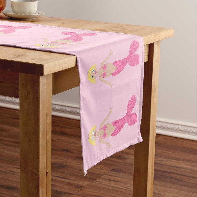 Pretty Pink Fantasy Mermaid Patterned Short Table Runner (In Situ)