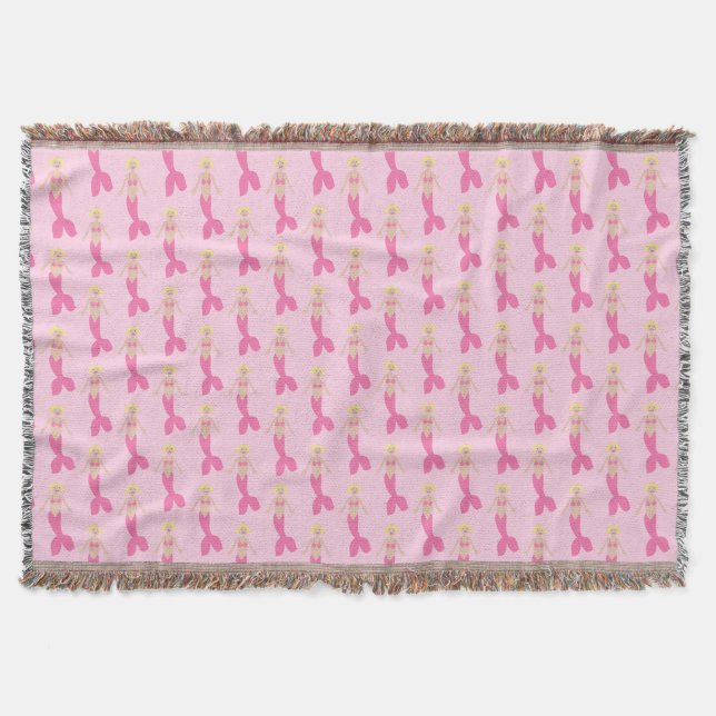 Pretty Pink Fantasy Mermaid Patterned Throw Blanket (Front)