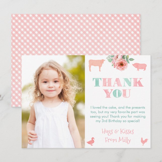 Pretty Pink Farm Animals Girl Birthday Party Photo Thank You Card (Front/Back)