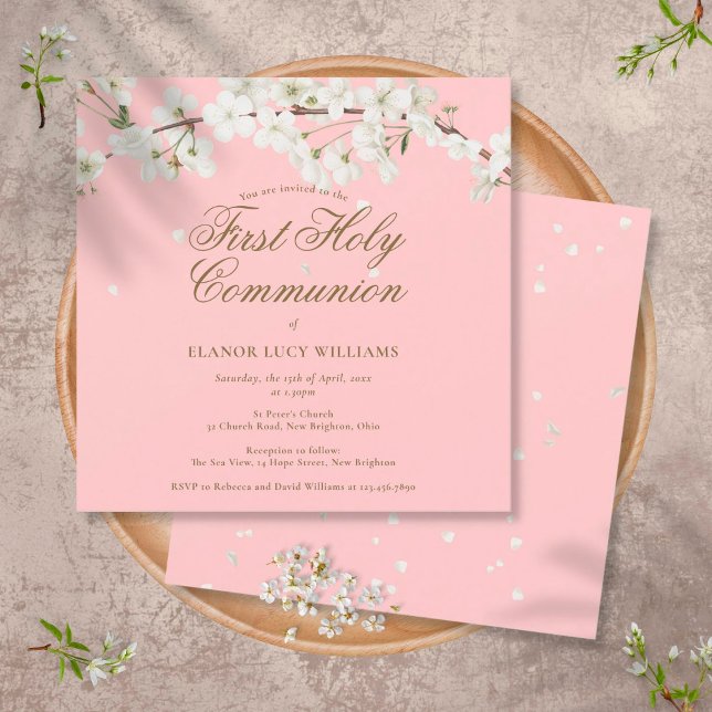Pretty Pink First Holy Communion White Blossom Invitation (Creator Uploaded)