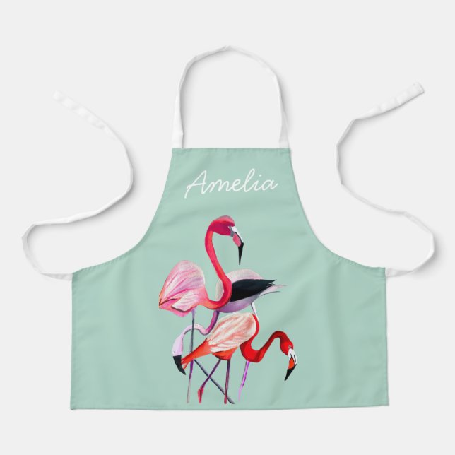 Pretty pink flamingo on blue apron (Front)