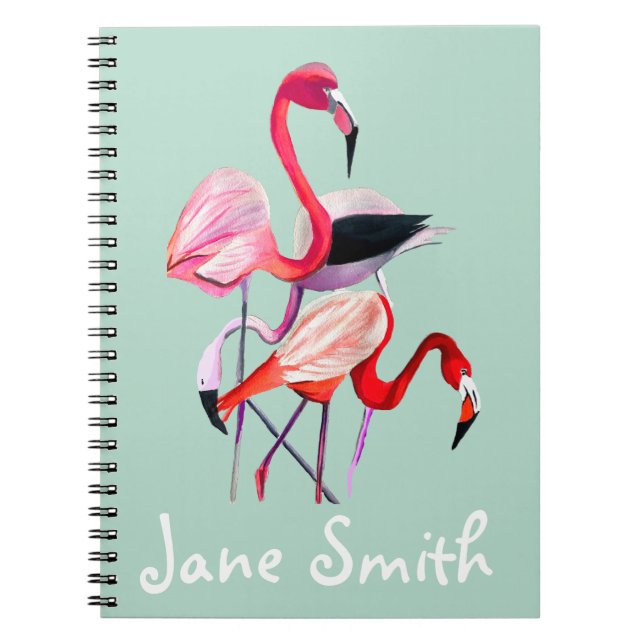 Pretty pink flamingo on blue notebook (Front)