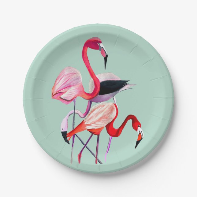 Pretty pink flamingo on blue paper plate (Front)