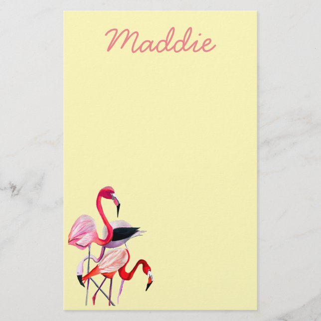 Pretty pink flamingo on blue stationery (Front)