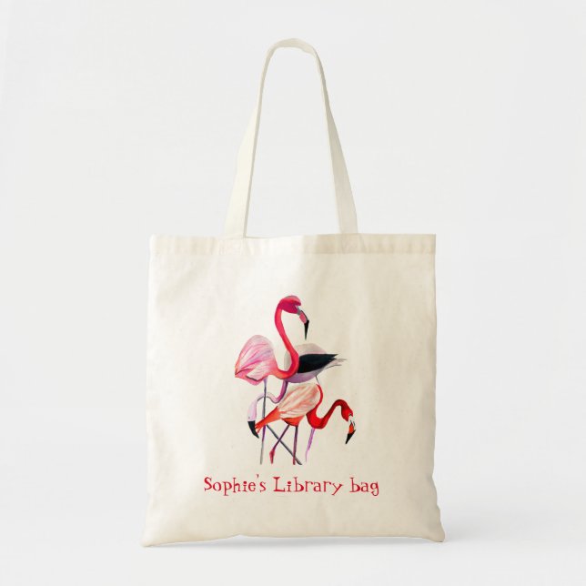 Pretty pink flamingo on blue tote bag (Front)