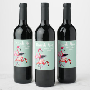 Pretty pink flamingo on blue wine label