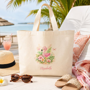 Pretty Pink Flamingo Tropical Floral Large Tote Bag
