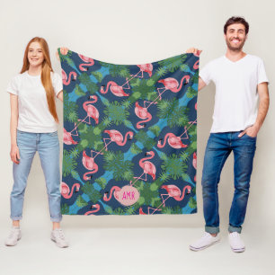 Pretty Pink Flamingo with Name Initials Fleece Blanket