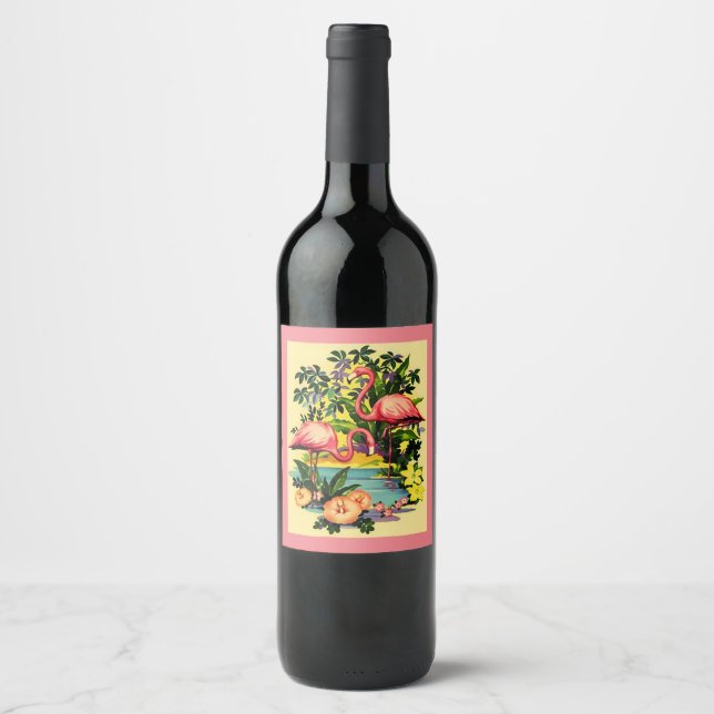 Pretty Pink Flamingos Birds Floral Wine Labels (Front)