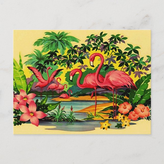 PRETTY PINK FLAMINGOS IN TROPICAL FOREST POSTCARD (Front)