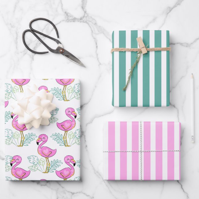 Pretty Pink Flamingos Wrapping Paper Set of 3 (Front)