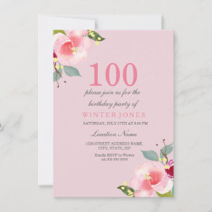 Pretty Pink Floral 100th Birthday Party Invitation