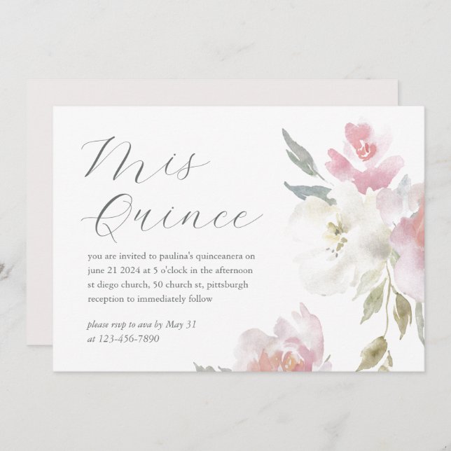 Pretty Pink Floral 15 Years Birthday Quinceañera Invitation (Front/Back)