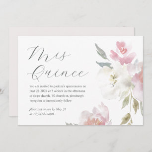 Pretty Pink Floral 15 Years Birthday Quinceañera Invitation