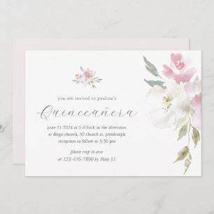 Pretty Pink Floral 15 Years Birthday Quinceañera Invitation