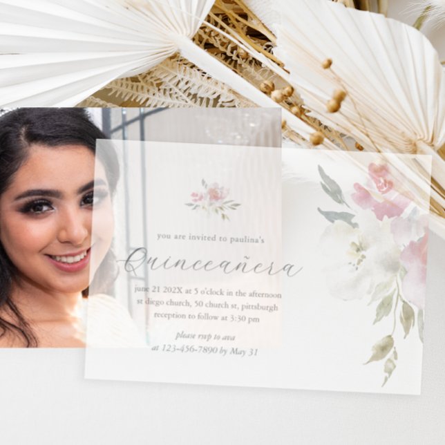 Pretty Pink Floral 15 Years Birthday Quinceañera Vellum Invitations (Creator Uploaded)