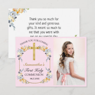 Pretty Pink Floral 1st Holy Communion Thank You Card
