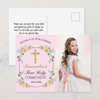 Pretty Pink Floral 1st Holy Communion Thank You Po Postcard