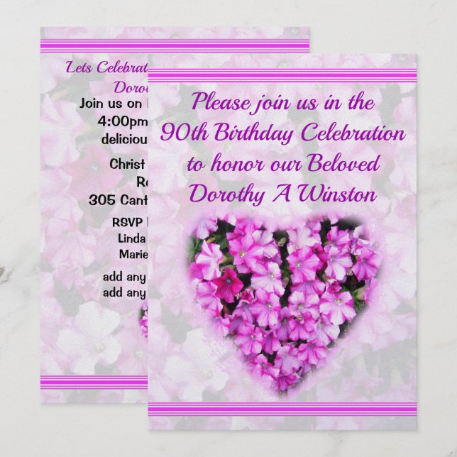 PRETTY PINK FLORAL 90TH BIRTHDAY INVITATION (Front/Back)