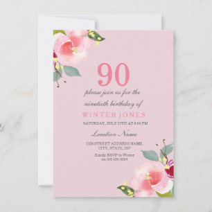 Pretty Pink Floral 90th Birthday Party Invitation