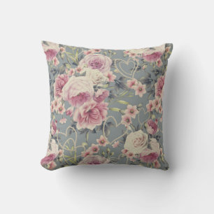 Pretty Pink Floral and Pearl Hearts Pattern Cushion