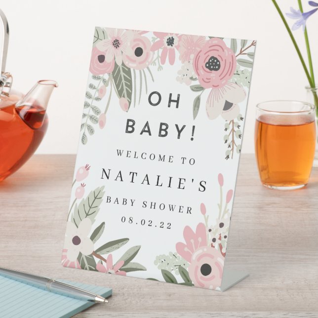 Pretty Pink Floral Baby Shower Welcome Pedestal  Pedestal Sign (In SItu)