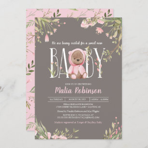 Pretty Pink Floral Boho Teddy Bear Baby Shower Invitation