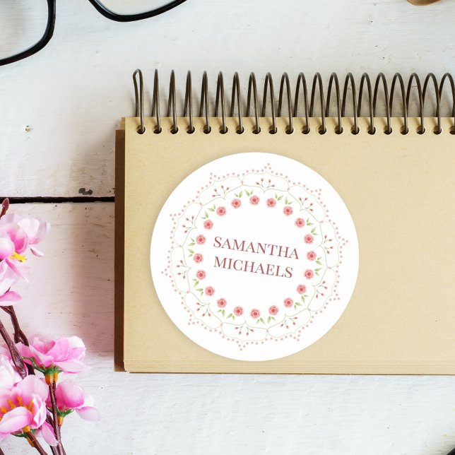 Pretty Pink Floral Botanical Mandala Custom  Classic Round Sticker (Creator Uploaded)