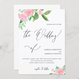 Pretty Pink Floral Bouquet Calligraphy Wedding Invitation