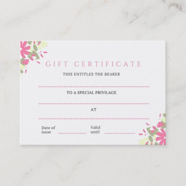 Pretty Pink Floral Business Gift Certificate (Front)