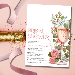 Pretty Pink Floral Champagne Glass Bridal Shower Invitation