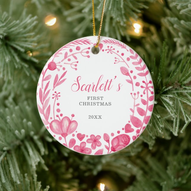 Pretty Pink Floral Custom Baby's First Christmas Ceramic Ornament (Tree)